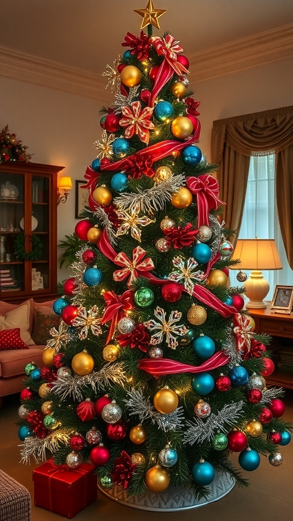 1950s Christmas Tree Decoration Ideas A vintage 1950s Christmas tree with colorful ornaments and tinsel in a cozy living room.